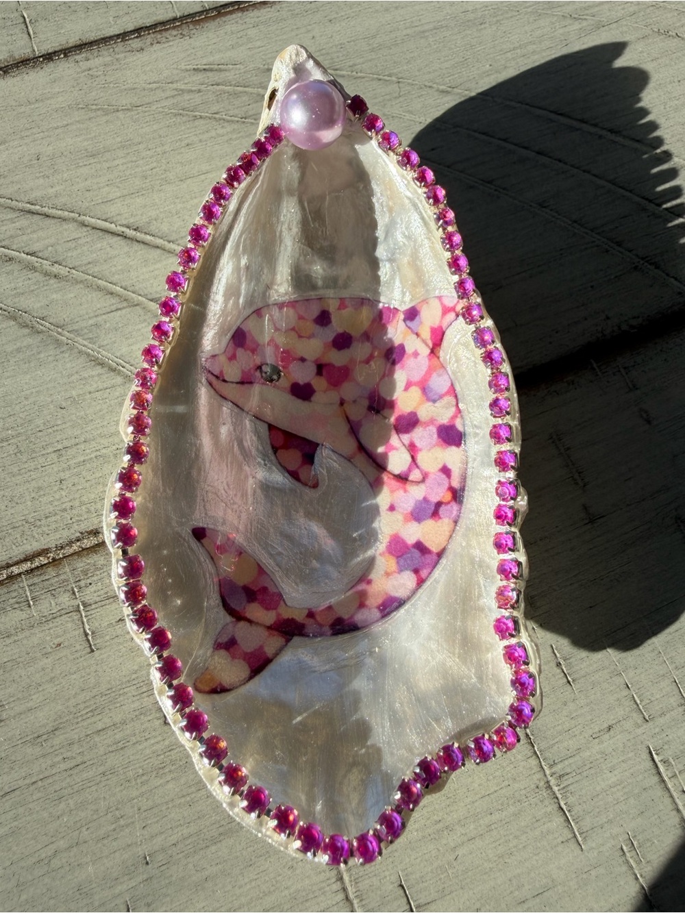 Handmade pink dolphin decoupage oyster shell trinket dish